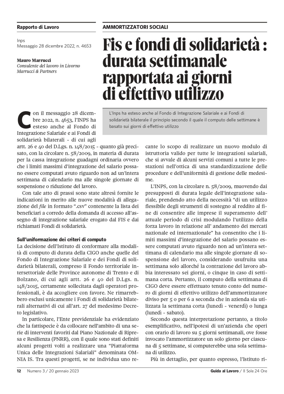 FIS E FONDI DI SOLIDARIETA': DURATA SETTIMANALE RAPPORTATA AI GIORNI DI EFFETTIVO UTILIZZO