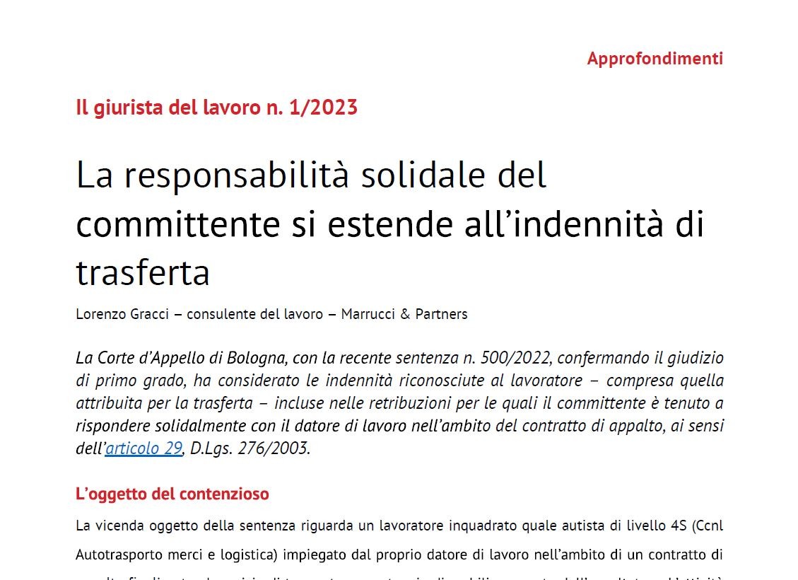 La responsabilità solidale del committente si estende all’indennità di trasferta